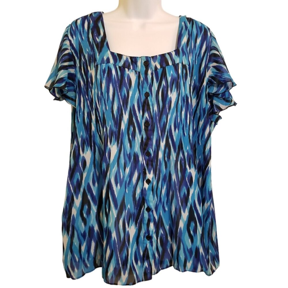 Serenade VTG Blouse Women's 3X Stretch Crinkle Short Sleeve  Square Neck Button